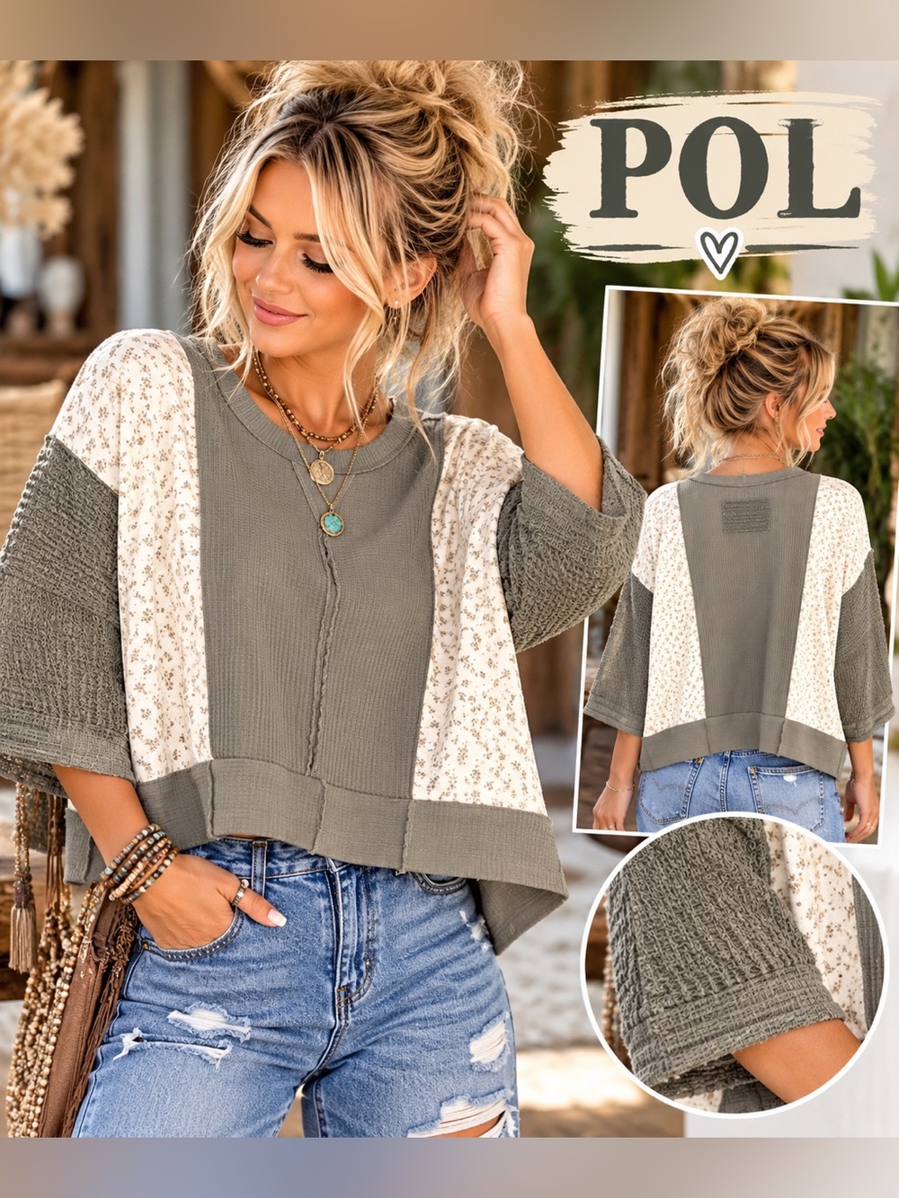 POL Oversized Patchwork Waffle Knit Floral Cropped Top Small Boho